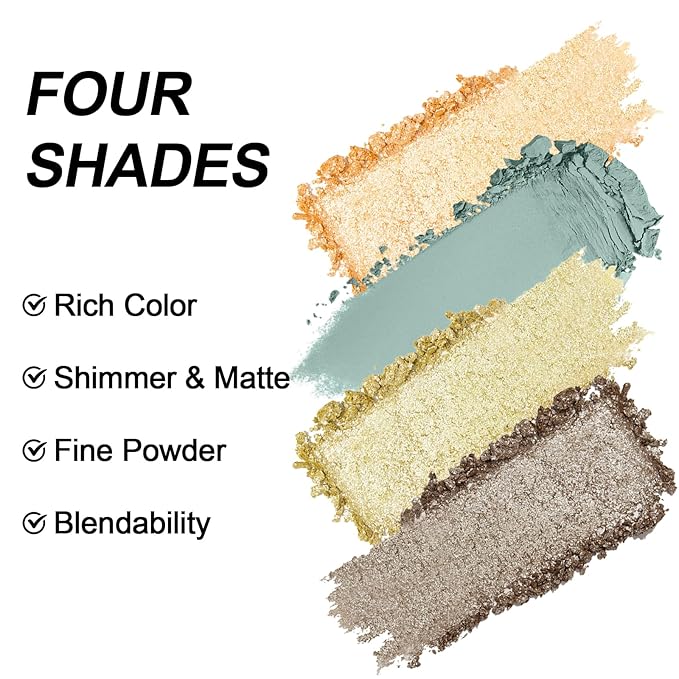 Erinde 4 Colors Eyeshadow Palette Eye Shadow Makeup, Matte Shimmer Metallic Gold Blue Green Dark Brown Nude Neutral Eyeshadow, Long Wearing, Pigmented Blendable, Quad Eye Shadow Palette, 05-BrightBean Baby