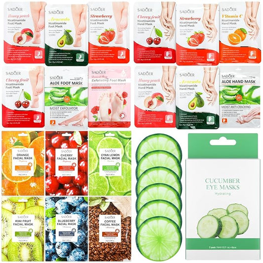24 Pcs Fruits Beauty Facial Hand Foot Mask Cooling Eye Pads Set Spa Party Night Kit Beauty Skincare Hydrating Skin Cooling Eye Masks for Puffy Eyes Spa Stocking Stuffers Night Summer Party-BrightBean Baby