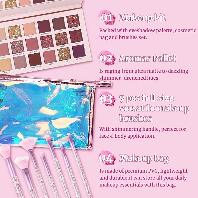 UCANBE Makeup Kit for Women & Teens,18 Colors Nude Eyeshadow +7pcs Soft Makeup Brushes + Pink Cosmetic Bag Makeup Sets, Shimmer Matte Glitter Makeup Palettes Set for Girls Beginners & Professional-BrightBean Baby