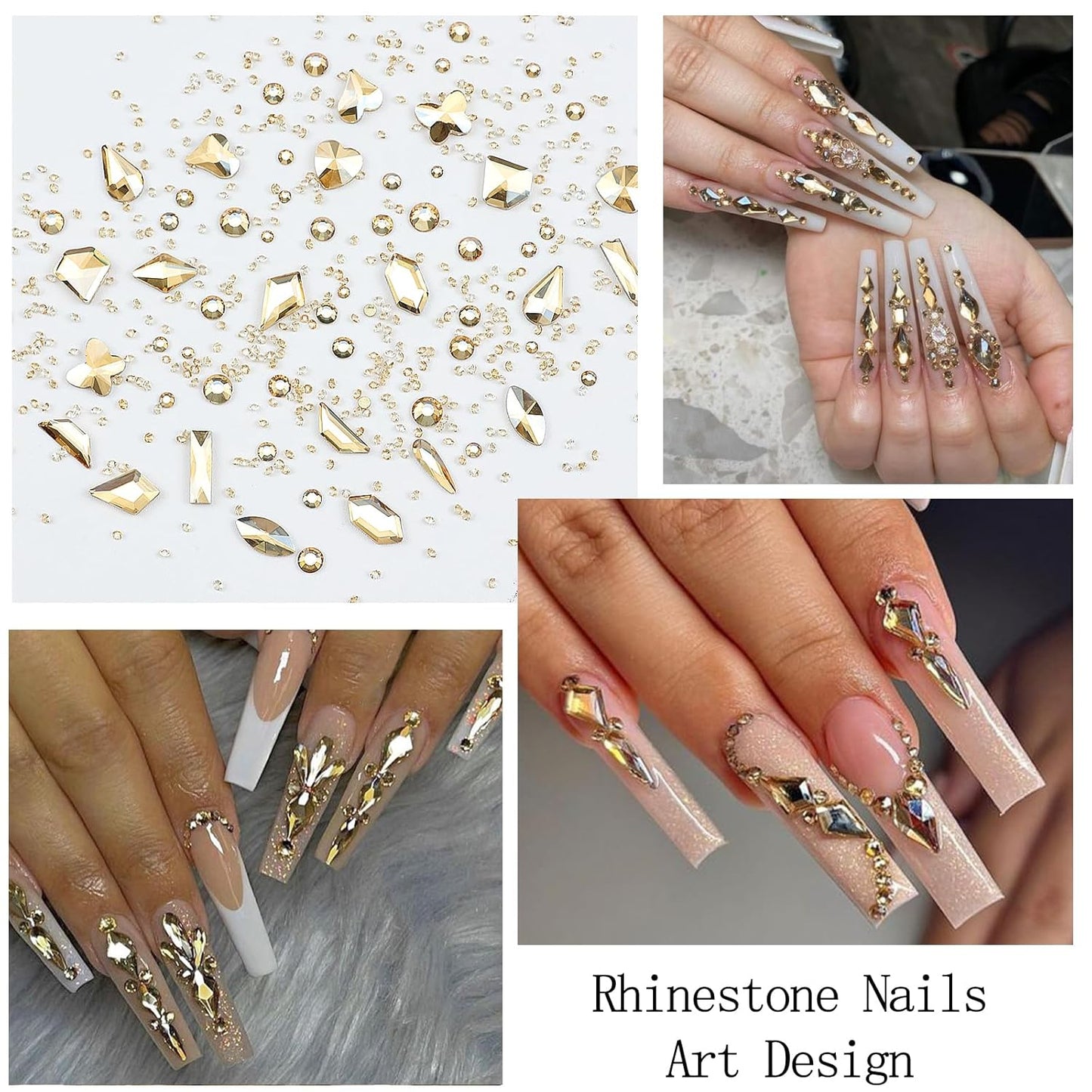Nail Art Rhinestones with Glue Gel Flatback Nail Charms Luxurious Supplies Accessories Champagne Nails Gems Jewelry for Women Nails DIY Design Decoration,Champagne-BrightBean Baby