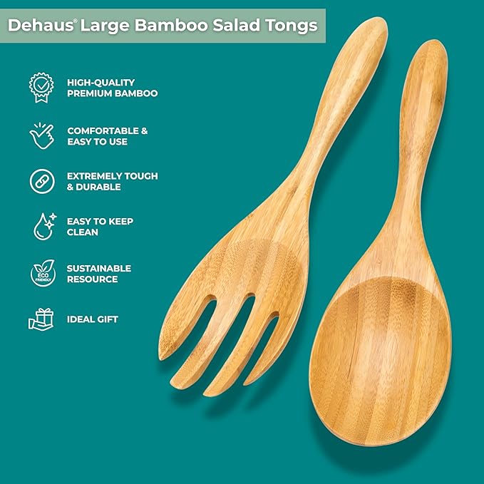 Dehaus® Large Premium Bamboo Salad Tongs - Eco Friendly Wooden Serving Spoons - Salad Serving Utensils - Salad Tosser Forks - Giant Wood Salad Servers - 12 inch Salad Hands