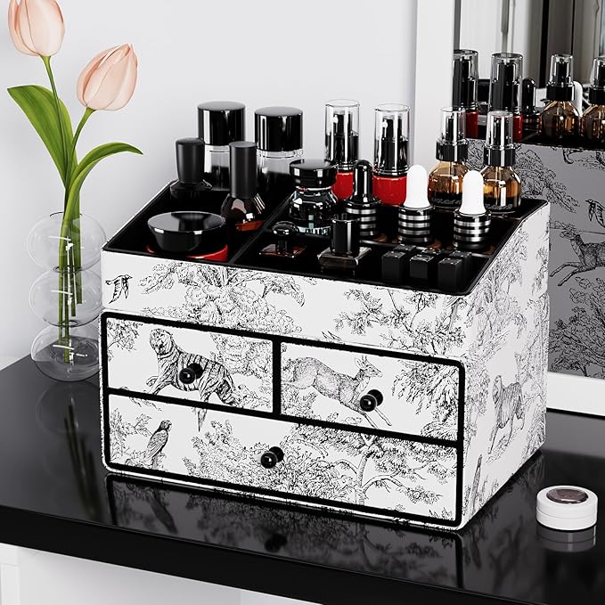 GORESE Leather Makeup Organizer with 3 Drawers for Vanity, Stackable Skincare Holder Dresser Organizer Countertop, Make Up Storage Organizers Counter Cosmetic Display Case Gift for Women(Retro Black)-BrightBean Baby