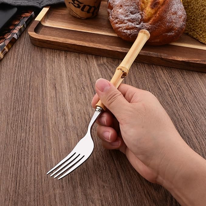 Dinner Fork Set, 8-Piece Natural Bamboo Forks, 18/8 Stainless Steel with Bamboo Handle, Silver Mirror Finish, Unique Design, 8.27 Inch