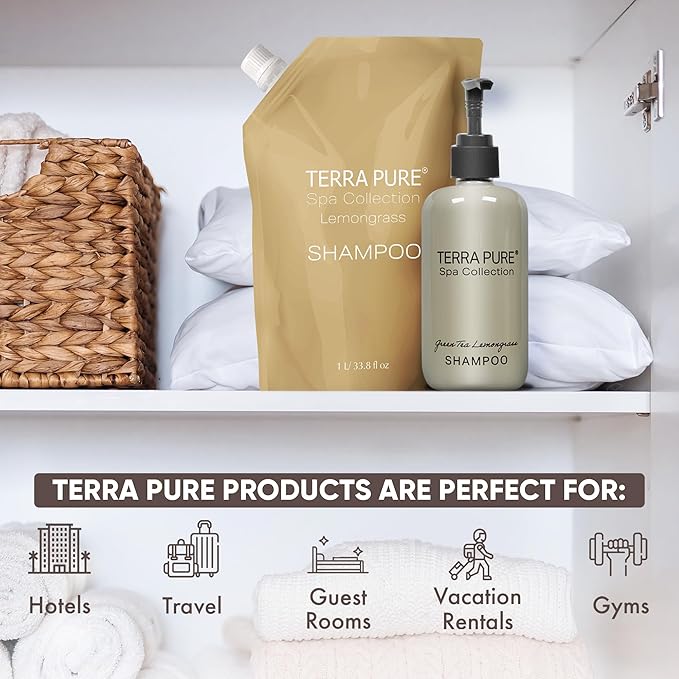Terra Pure Spa Collection 1 Liter Shampoo Refill Bag For Soap Dispensers | Bulk Toiletries for Vacation Rentals, and Home Bathroom Showers | Green Tea Lemongrass | Single-BrightBean Baby
