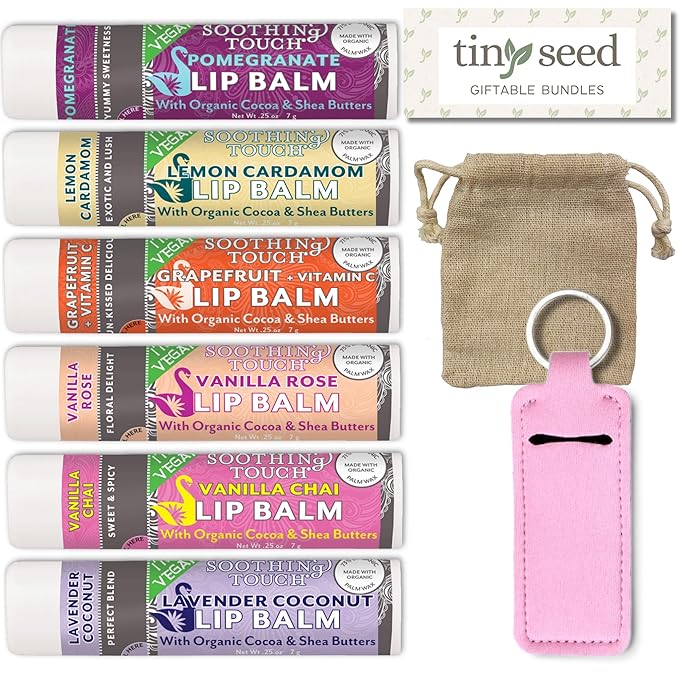 Vegan Lip Balm Set - Pack of 6 Soothing Touch Lip Balms. Includes Muslin Pouch & Lip Balm Holder Keychain (Pink): Pomegranate, Lemon Cardamom, Grapefruit, Vanilla Rose, Vanilla Chai, Lavender Coconut-BrightBean Baby