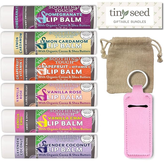 Vegan Lip Balm Set - Pack of 6 Soothing Touch Lip Balms. Includes Muslin Pouch & Lip Balm Holder Keychain (Pink): Pomegranate, Lemon Cardamom, Grapefruit, Vanilla Rose, Vanilla Chai, Lavender Coconut-BrightBean Baby