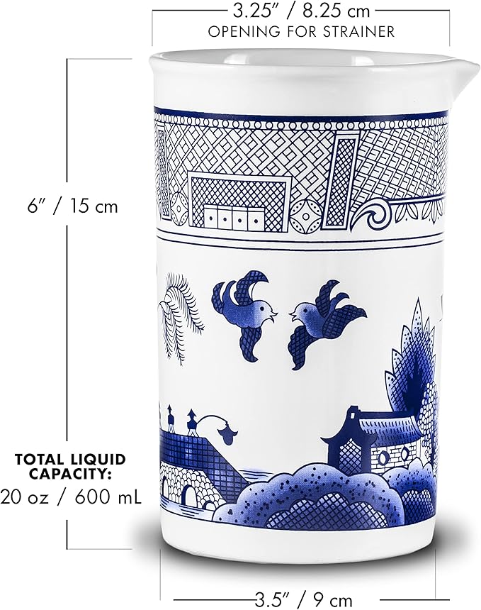 Piña Barware Seamless Professional Porcelain Mixing Glass – 600mL / 20oz (Traditional Blue Willow Pattern, 1)