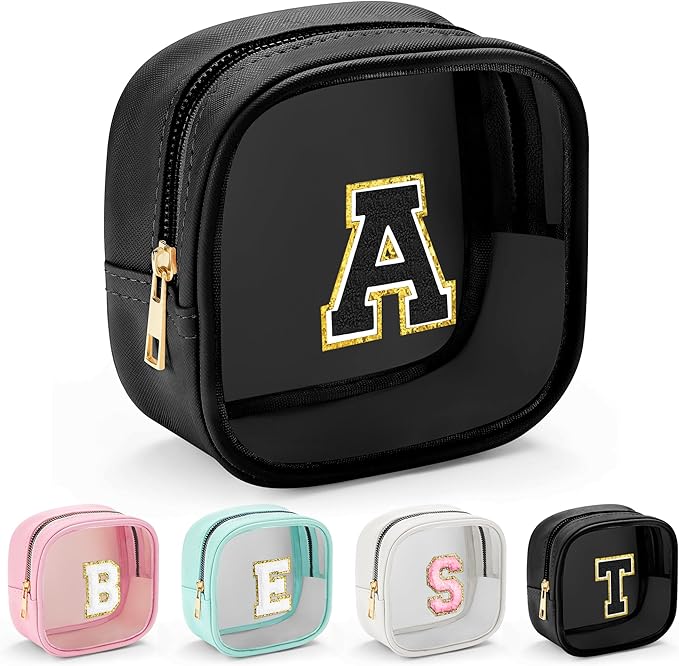 YOOLIFE Initial Mini Makeup Bag | Make Up Bag Travel Toiletry Bag | Clear Makeup Bag | Preppy Cosmetic Bags Organizer Travel Essentials Gifts for Women Teen Girlfriend Teacher Birthday Gifts Black A-BrightBean Baby