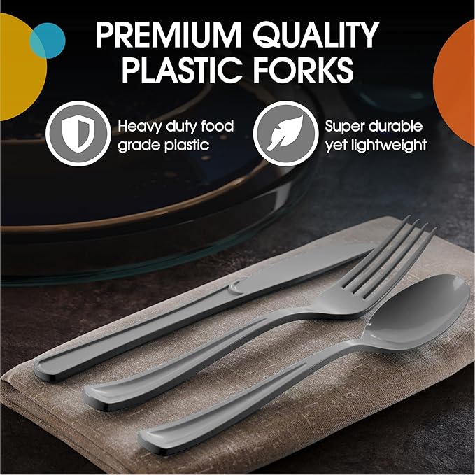 Party Solids Silver Plastic Silverware Heavy Duty 300 Pieces Silver Plastic Cutlery Sets, Utensil Sets, 100 Of Each Forks, Knives & Spoons Disposable Cutlery Set, Flatware Set For Party Supplies