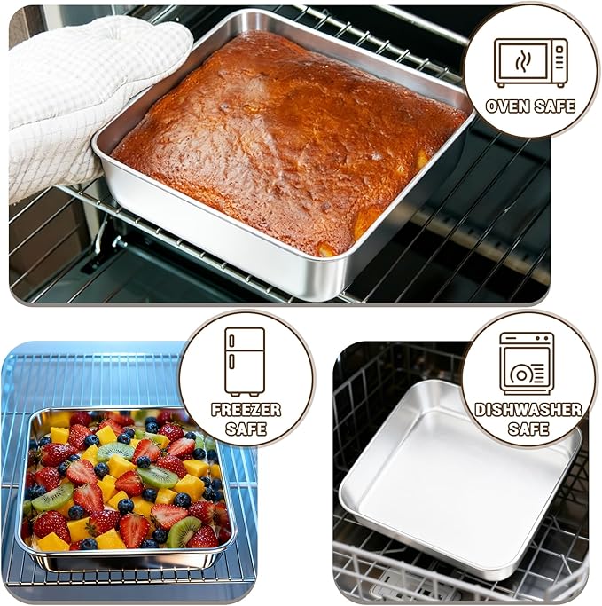 6,8,9 Inch Square Cake Pan Set of 3 - Non-Toxic Stainless Steel Brownie Pan, Heavy Duty & Dishwasher Safe, One Piece Design, Ideal Square Baking Pan for All Cakes & Multiple Purpose