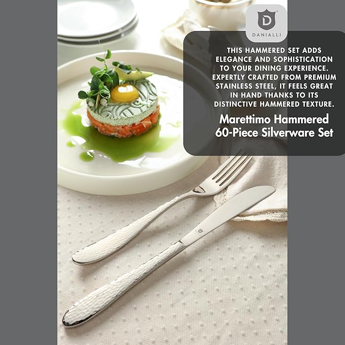 Hammered Silverware Set | Premium 18/10 Stainless Steel Flatware Service for 12 | Heavy-Duty & Dishwasher Safe | Built to Last (60-Piece, Marettimo Hammered)