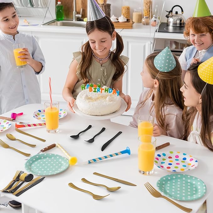 300 Pieces Black and Gold Plastic Silverware Heavy Duty Plastic Cutlery Set Disposable Flatware Includes Spoons Forks Knifes for Party Supplies