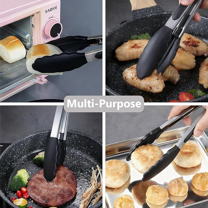 Kitchen Tongs for Cooking with Non-Stick Silicone Tip 2 Pack (9" & 12"), Heat Resistant Food Tongs, Stainless Steel Locking Silicone Tongs for Baking Salad Grill BBQ, Serving Utensils