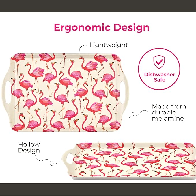 Pimpernel Sara Miller London Flamingo Collection Melamine Tray – (19.25" x 11.5") Large Rectangular Platter with Handles, Decorative Tropical Bird Print for Serving Meals & Beverages