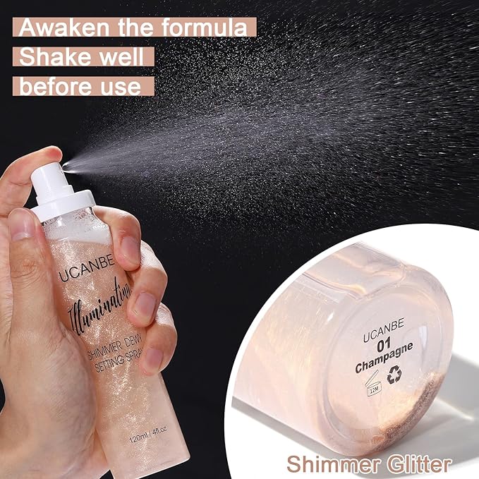 UCANBE Shimmer Dewy Setting Spray – Glowing + Makeup Setting Spray 2 in 1 Lightweight Formula for a Radiant Glow,Long-Lasting Face Mist for Face Body, 4 Fl Oz #Platinum-BrightBean Baby