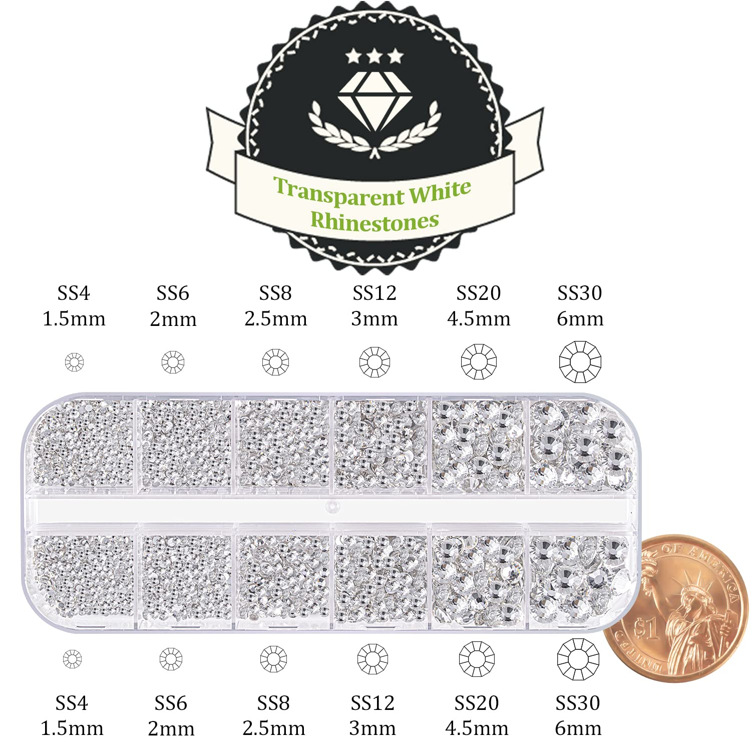 One Pack 2000 Pcs of Flatback Transparent White Clear Round Crystal Rhinestones 6 Sizes (1.5-6 mm) with Nail Art Rhinestone Picker Pencil and Tweezer for DIY and Salon Use-BrightBean Baby