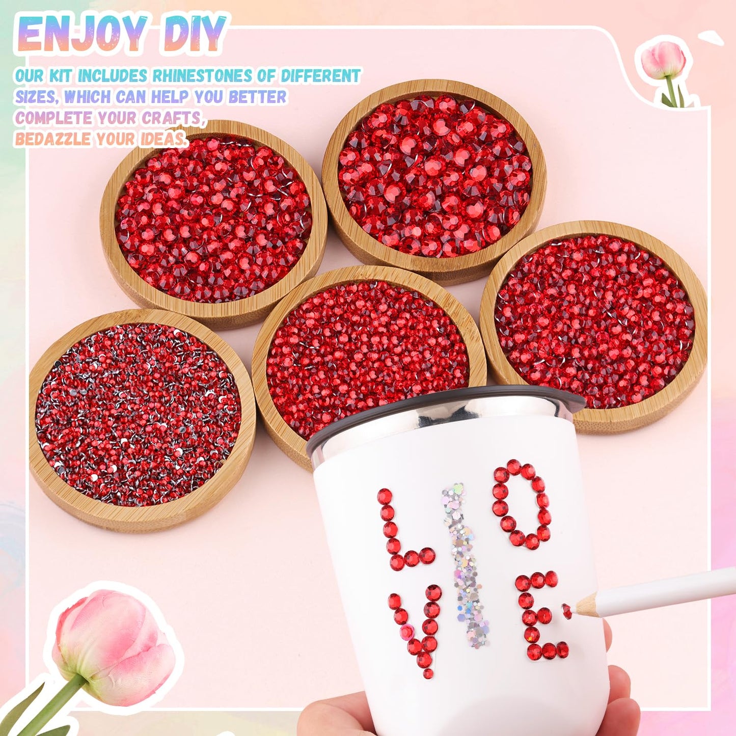 30000Pcs Resin Red Rhinestones with B7000 Jewelry Glue for Crafting, 2-6mm Non Hotfix Flatback Gems, Bedazzling Crystal for DIY Crafts Clothing Tumblers Mugs Shoes Fabric Decor Nail Art-BrightBean Baby