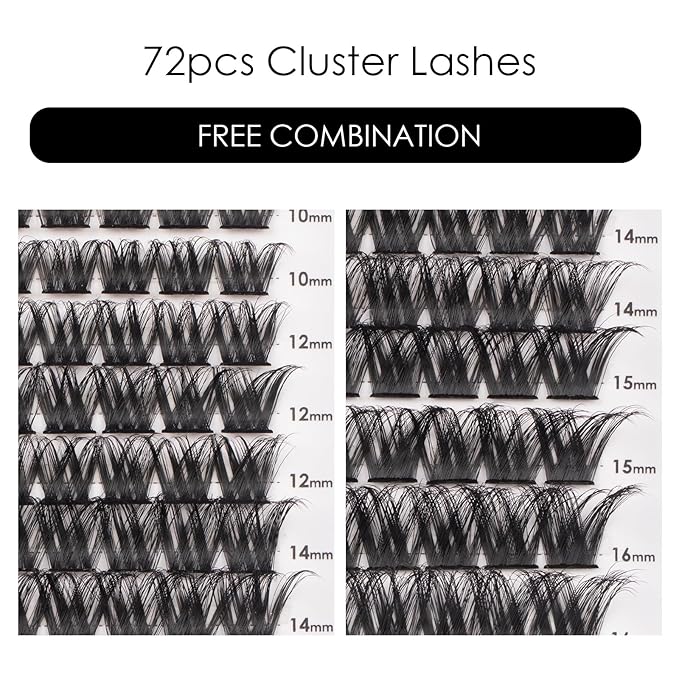 Cluster Lashes 72 Individual Lashes Clusters Eyelash Extensions False Eyelashes DIY Lash Extension Reusable False Eyelashes Natural Look Mix 10-16mm C D Curl-DM27-BrightBean Baby