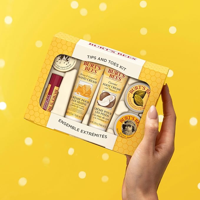 Burt's Bees Back to School Gifts Ideas, 6 Body Care College Dorm Products, Tips and Toes Set - Pomegranate Moisturizing Lip Balm, 2 Hand Creams, Foot Cream, Cuticle Cream & Hand Salve-BrightBean Baby