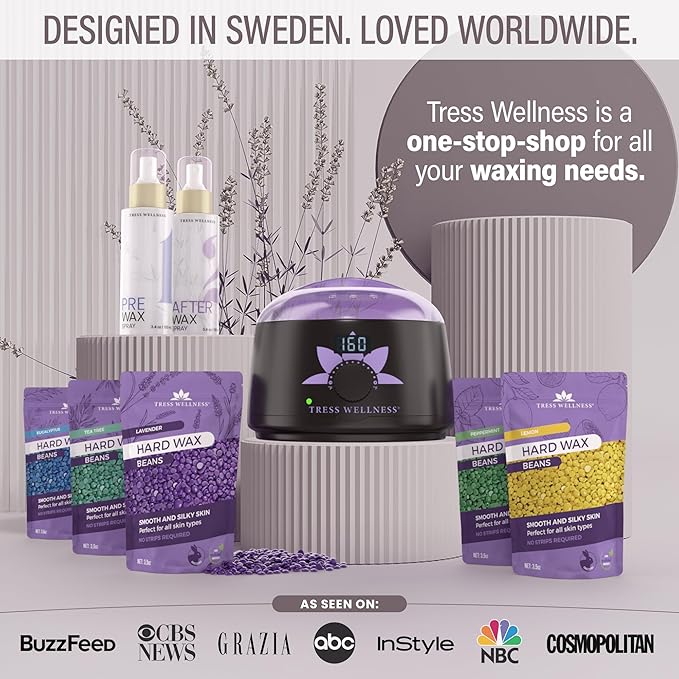 Tress Wellness Waxing Kit for Sensitive Skin – Safe for Face & Skin, Prep & Aftercare Spray, Easy to Use – At-Home Kit for Face, Bikini, Brazilian & Full Body - Digital Display, Dusty Lilac-BrightBean Baby