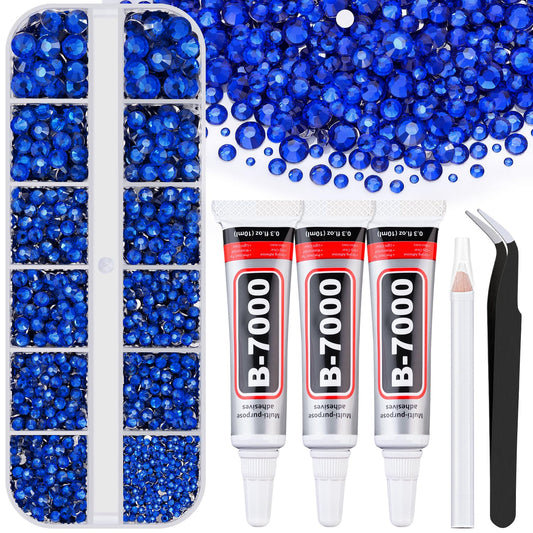 6000Pcs Resin Rhinestones for Bedazzling with 3Pcs B7000 Jewelry Glue, 1 Box Royal Blue Flatback Rhinestones for Crafting Crafts DIY, Crystals Gems for Clothing Shoes Tumblers Nail Art Makeup-BrightBean Baby