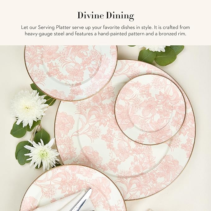 MACKENZIE-CHILDS Enamel Serving Platter, Decorative Serving Platter for Food, 16 Inches, Rosy English Garden