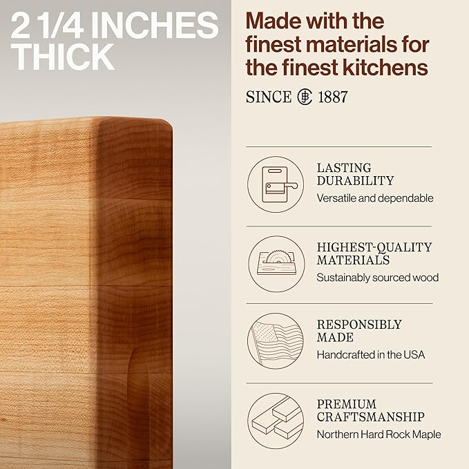 John Boos RA-Board Series Rectangular Wood Bamboo Maple Cutting Board 20”x15” – 2.25” Thick, 20-lb Reversible Butcher Block with Edge-Grain & Finger Grips – Made in the USA