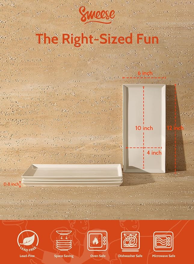 Sweese Porcelain Serving Tray, 12 Inch Rectangle Plates for Sushi, Meat, Desserts, Cakes, White Serving Platter for Restaurant, Banquet, Party, Microwave Oven Dishwasher Safe, Stackable, Set of 4