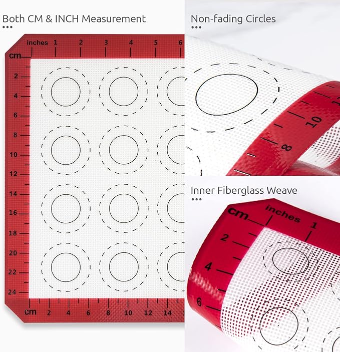 446ºF Heat Resistant Macaron Mat: U-Taste 14.17x9.44in Non Stick Silicone Baking Mat, Reusable Cookies Pastry Sheet Liner with Edge Enhancement & Circle Measurement for Cake Pan (Red)