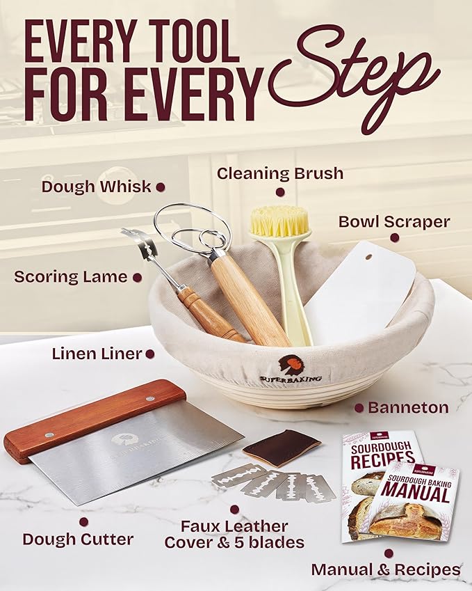 Superbaking Banneton Bread Proofing Basket, Sourdough Bread Baking Supplies, Round 9 Inch Sourdough Starter Kit, Proofing Basket for Baking, Bread Making Supplies Tools, Banneton Basket Gift Set