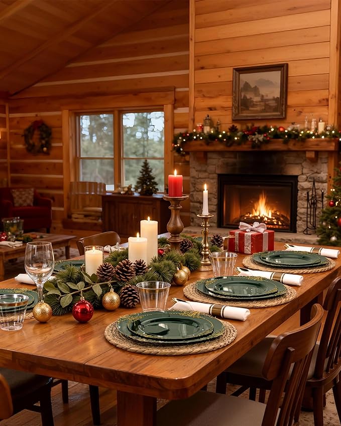 Nervure 350PCS Green Plastic Plates - Green Gold Plastic Dinnerware Sets for 50 Guests - 100 Disposable Plates, 150 Gold Silverware, 50 Cups, 50 Napkins for Wedding & Party & Christmas