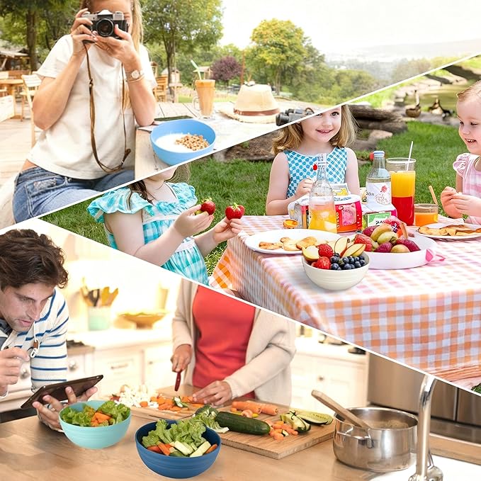 Quatish 16 PCS Unbreakable Cereal Bowls,Dishwasher & Microwave Safe Wheat Straw Bowls, Easy-to-Clean Lightweight Snack & Soup Bowl,Multi-Color Portable for Picnics Plastic Bowls Set, Blue