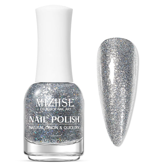 MIZHSE Quick Dry Glitter Silver Nail Polish, Classic Nail Polish Air Dry Fast, 15ml High Glossy Sparkly Shiny Shimmery Nail Art Salon Manicure Home-BrightBean Baby