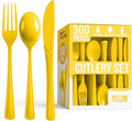 Party Solids Yellow Plastic Silverware Heavy Duty 300 Pieces Yellow Plastic Cutlery Sets, Utensil Sets, 100 Of Each Forks, Knives & Spoons Disposable Cutlery Set, Flatware Set For Party Supplies