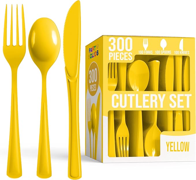 Party Solids Yellow Plastic Silverware Heavy Duty 300 Pieces Yellow Plastic Cutlery Sets, Utensil Sets, 100 Of Each Forks, Knives & Spoons Disposable Cutlery Set, Flatware Set For Party Supplies