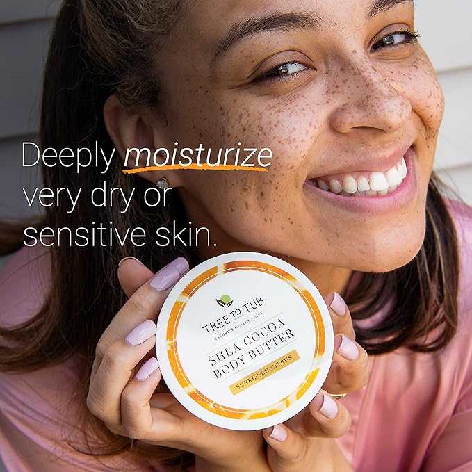 Tree to Tub Shea Body Butter for Dry, Extremely Dry, Sensitive Skin - Moisturizing Body Cream for Women & Men, Hydrating Body Lotion Moisturizer w/Vitamin C, Organic Cocoa, All Natural Citrus Scent-BrightBean Baby