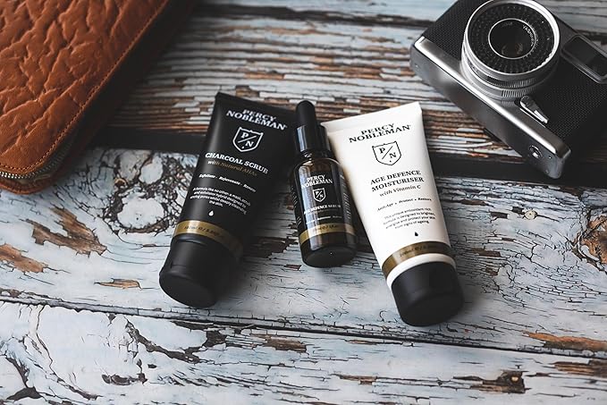 Percy Nobleman Age Defence Kit, a men's skincare set containing Charcoal Face Scrub (with Natural AHAs), ultra-hydrating Facial Serum (with Hyaluronic Acid), and Moisturiser (with Vitamin C)-BrightBean Baby