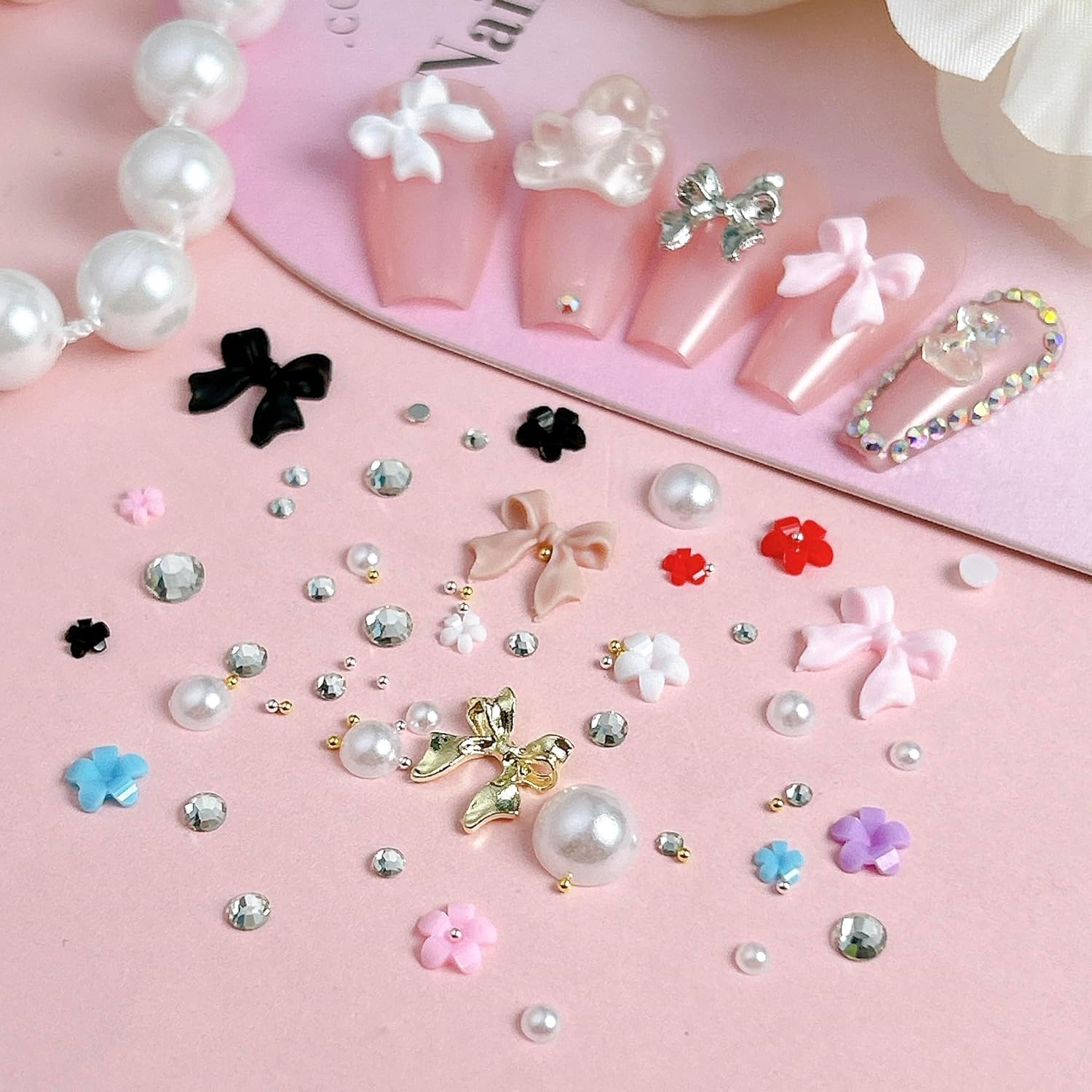 White Pearl Nail Charms and Gems, 3D Colorful Flower Kawaii Metal Bow Charms for Nail Art Rhinestone Nail for Manicure DIY Crafts Jewelry Accessories-BrightBean Baby