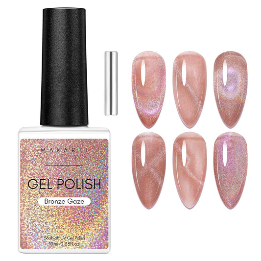 Makartt Cat Eye Gel Nail Polish: Universal Rainbow Holographic Gel Polish Bronze Gaze Sparkly Glitter Unique Magnetic Effect Nail Gels for DIY Nail Art UV LED Soak Off Manicure 10ml-BrightBean Baby