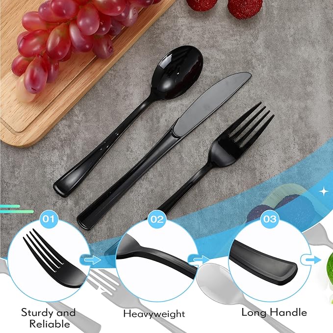 Minatee 150 Pieces Disposable Cutlery Set Plastic Silverware Heavy Duty Utensil Sets 50 Forks 50 Knives 50 Spoons for Home Office School Party Picnics Restaurant Outdoor Events(Black)