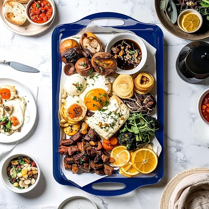 Extra Large Blue Serving Tray with Handles, 19''x11.6'' Melamine Platters, Rectangular Trays for Serving Food, Turkey, Cookie, Cupcakes, Desserts, Dishwasher Safe, BPA-Free, Set of 2