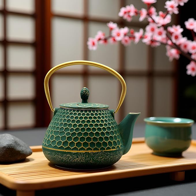 YJX Cast Iron Teapot and Cups Set, 33.8oz Hexagon Pattern Tea Pot Enameled Interior, Tea Kettle for Stovetop, Japanese Teapot Set with Teacups for Adults, Green Kettle with Infuser for Loose Leaf