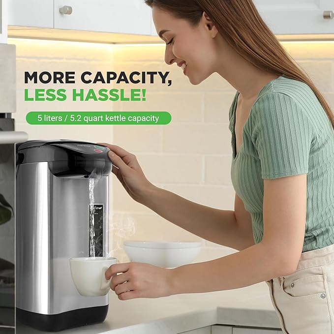 NutriChef 5.2 Qt Electric Water Kettle, Quick Heating, 5 Liter Digital Kettle with 5 Temperature Settings, Safety Lock, Stainless Steel, 3 Dispensing Options, Easy to Clean, 8.46" x 11.2" x 16.5"