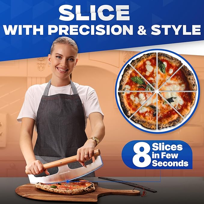 KitchenStar 14-Inch Pizza Cutter Rocker Blade - Razor Sharp Stainless Steel Slicer Knife, Stylish Beech Wood Handle, Protective Cover - Professional Pizza Oven Accessories, Silver