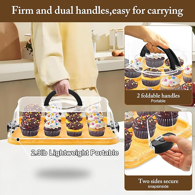 MinBoo Reusable Bamboo Cupcake Storage for Birthday Holiday Party Bakery Supplies Containers Portable 12 Standard-Size Cupcakes with Heightened Transparent Lid & Carry Handle