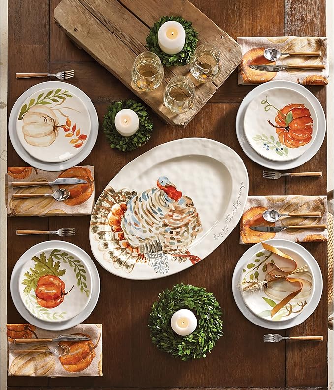 Mud Pie Watercolor Turkey Platter, White, 14"" x 20 1/2"