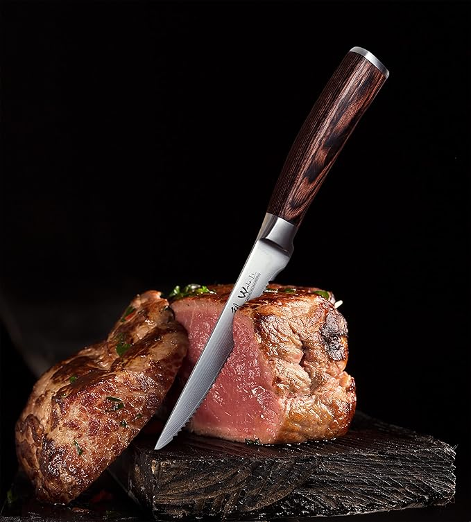 Wakoli EDIB 4-Piece Steak Knife Set – Dining Knives | Genuine Damascus Steel Blades with VG10 Core | Ergonomic Pakkawood Handles | Premium Steak Cutlery in Wooden Gift Box