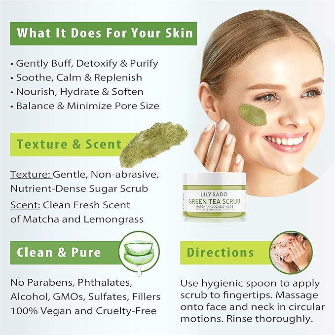 LILY SADO MATCHA MADE IN HEAVEN™ Sugar Facial Scrub - Best Daily Facial Exfoliating Cleanser for Women & Men - Vegan Face Wash Exfoliates Skin, Treats Acne, Reduces Pore Size - 4 oz-BrightBean Baby