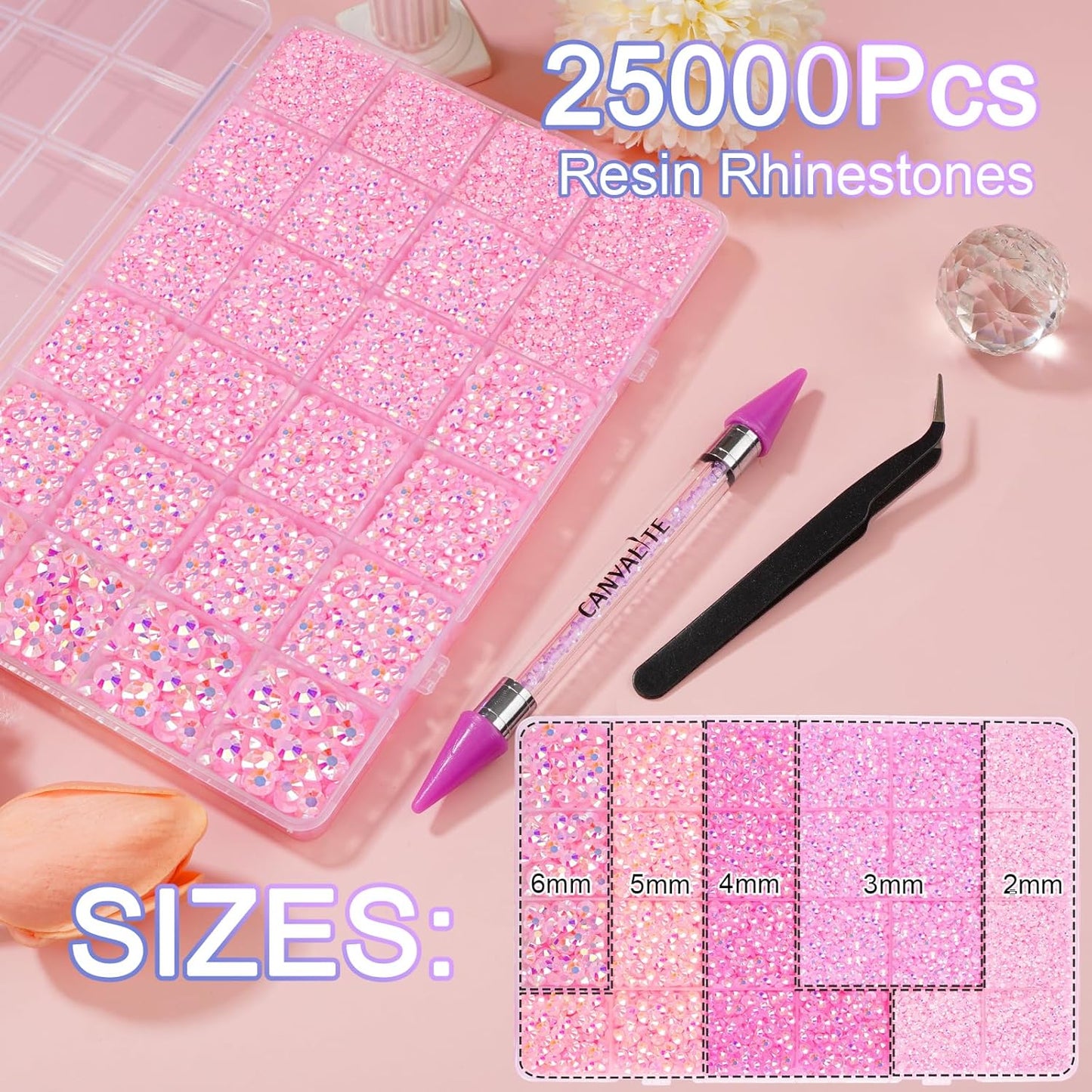 Canvalite 25000PCS Resin Jelly Rhinestones for Crafting, Pink AB Flatback Gems, Bedazzling Crystal with 5x2.5g B7000 Jewelry Glue and Tweezers Dotting Pen for DIY Crafts Clothing Shoes Nail Art-BrightBean Baby