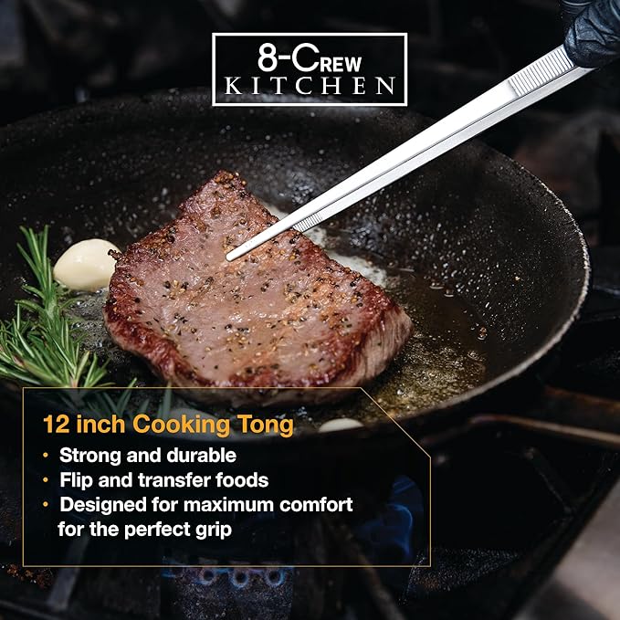 8-CREW KITCHEN Professional Chef Tongs 2 pc Set - 12” 304 Stainless Steel Tweezer for Cooking and Multi-Use - 6” Culinary Tweezer for Plating, Bar and Food Decorating